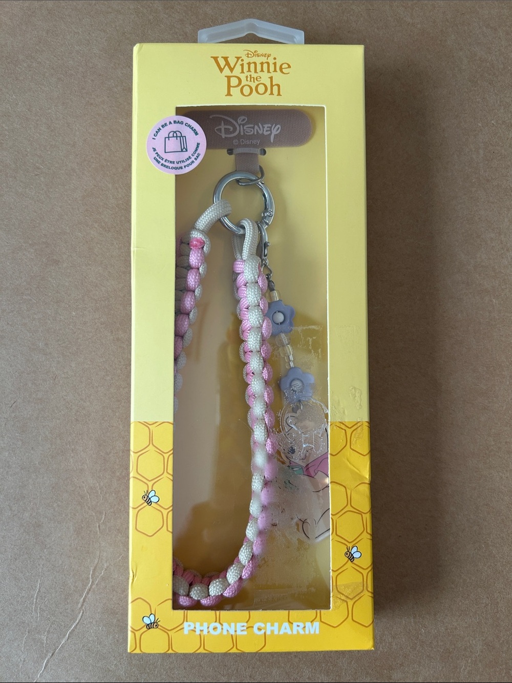 Pink and Beige Braided Winnie the Pooh Lanyard Phone Charm